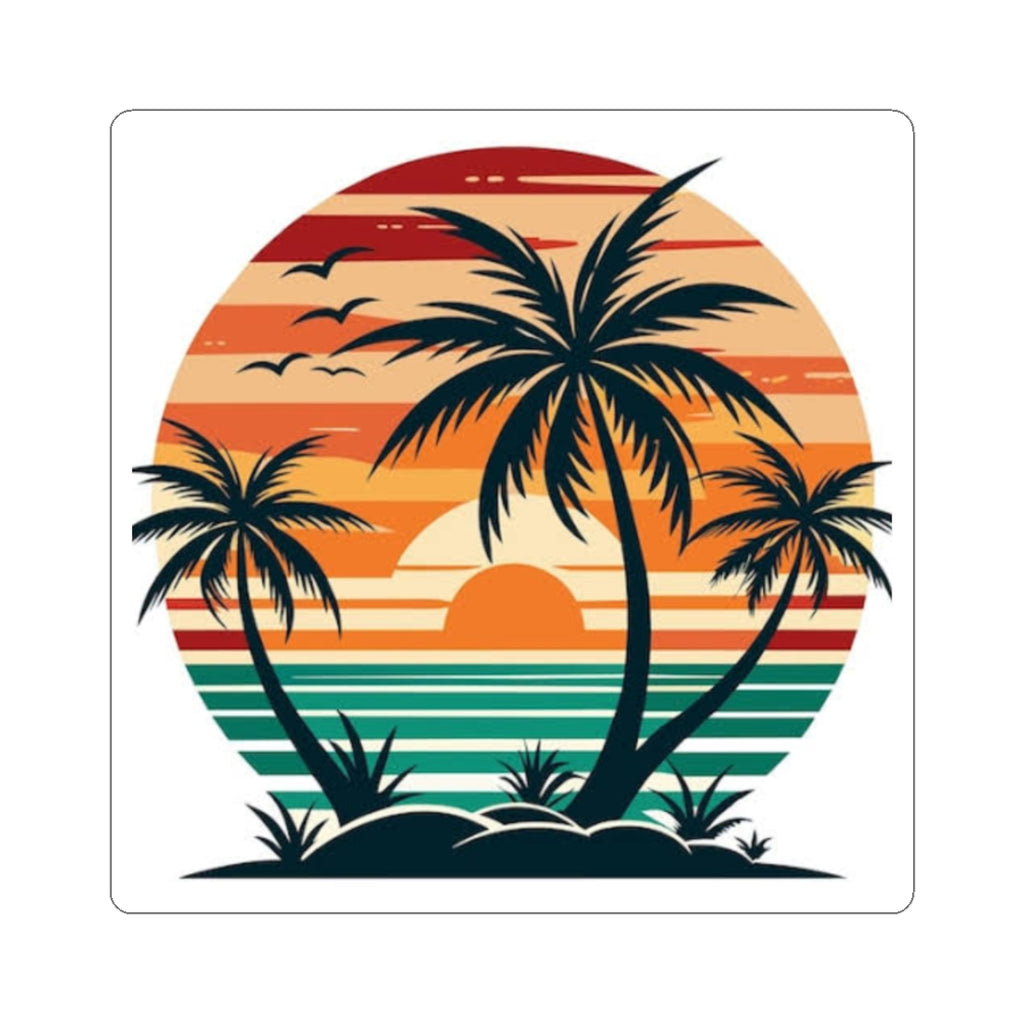 Tropical Sunset Palm Sticker — Retro Beach Kiss-Cut Decal