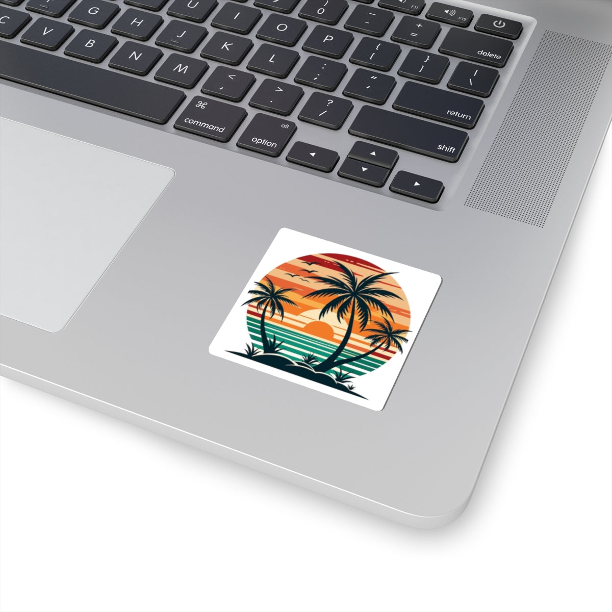 Tropical Sunset Palm Sticker — Retro Beach Kiss-Cut Decal