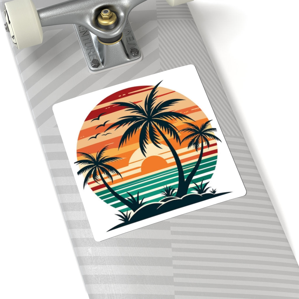 Tropical Sunset Palm Sticker — Retro Beach Kiss-Cut Decal