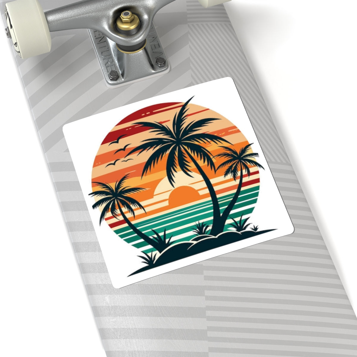Tropical Sunset Palm Sticker — Retro Beach Kiss-Cut Decal