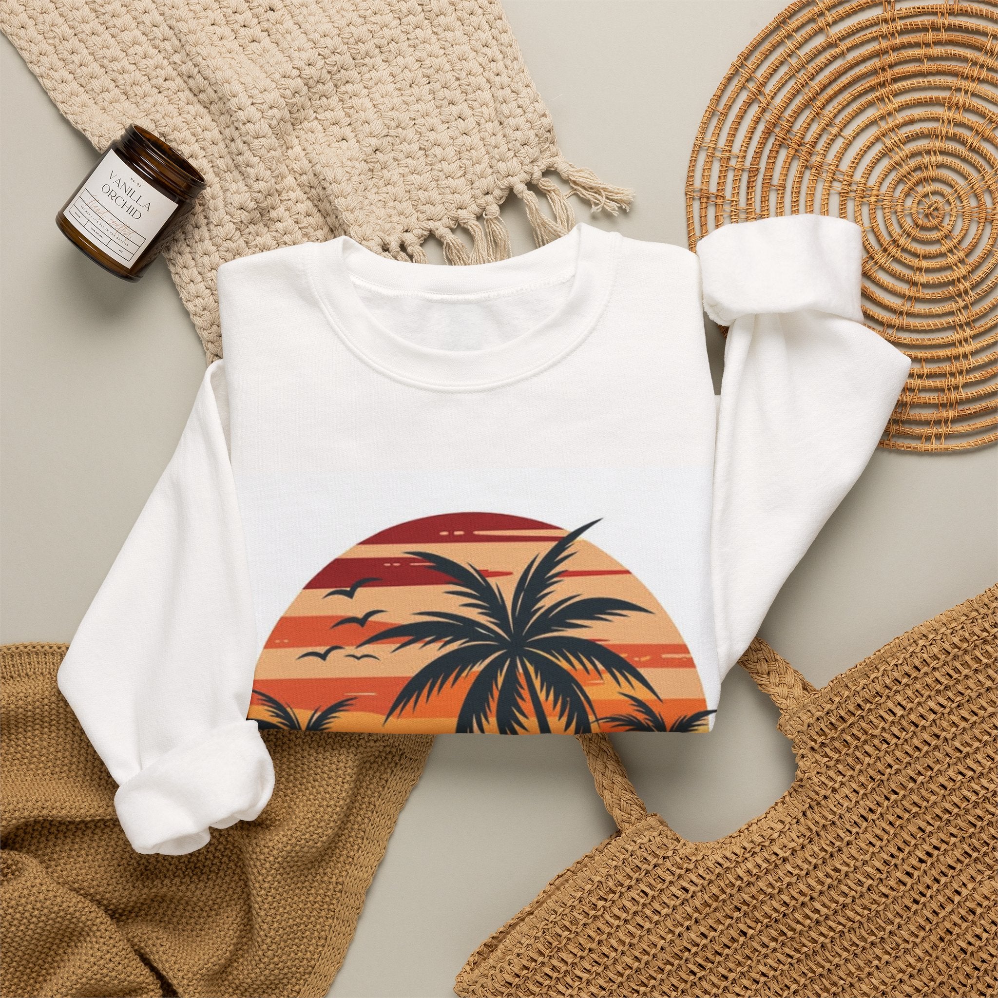 Retro Palm Sunset Sweatshirt — Vintage Tropical Crewneck