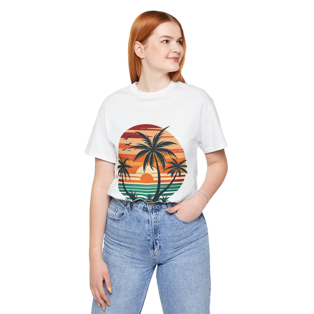 Retro Tropical Sunset T-Shirt — Palm Tree Beach Tee