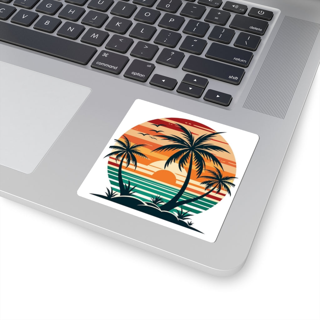 Tropical Sunset Palm Sticker — Retro Beach Kiss-Cut Decal