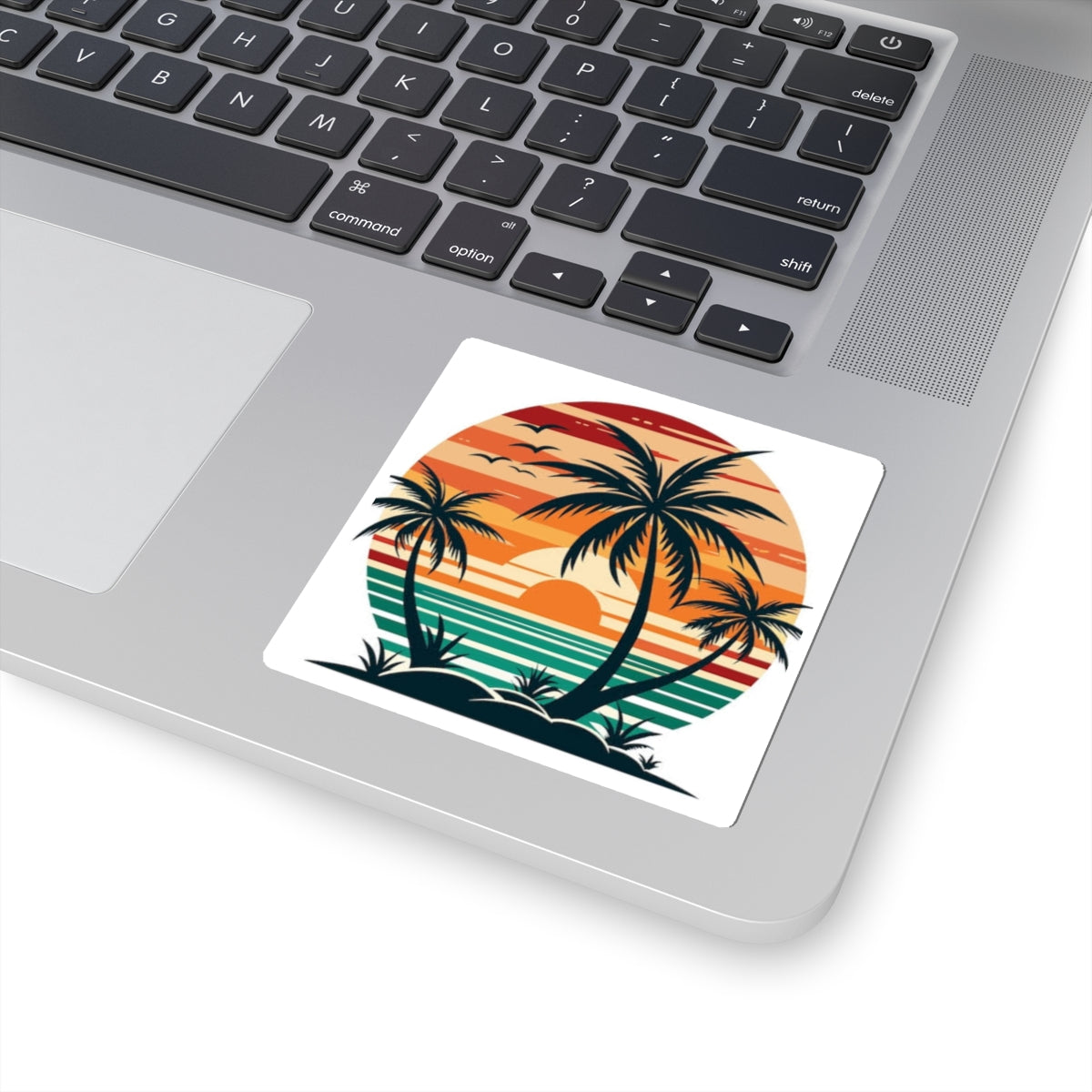 Tropical Sunset Palm Sticker — Retro Beach Kiss-Cut Decal