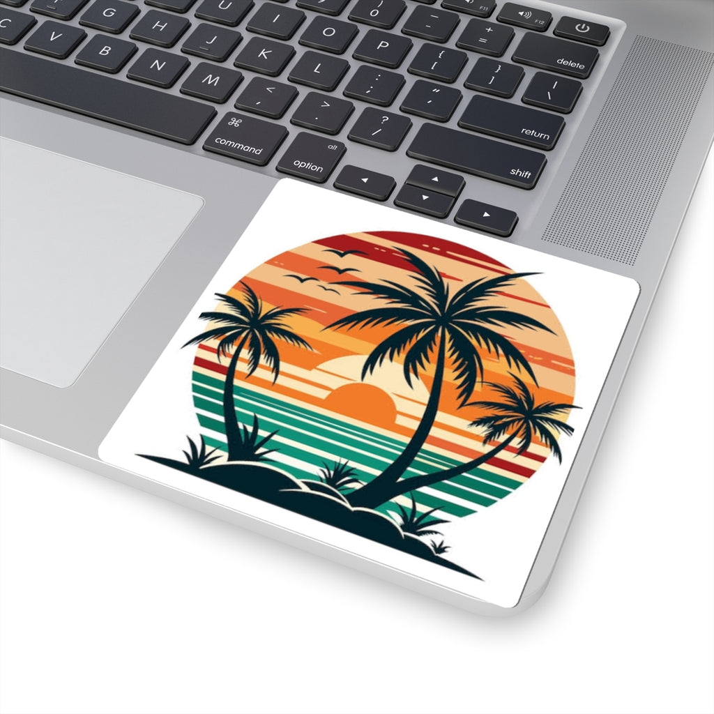 Tropical Sunset Palm Sticker — Retro Beach Kiss-Cut Decal