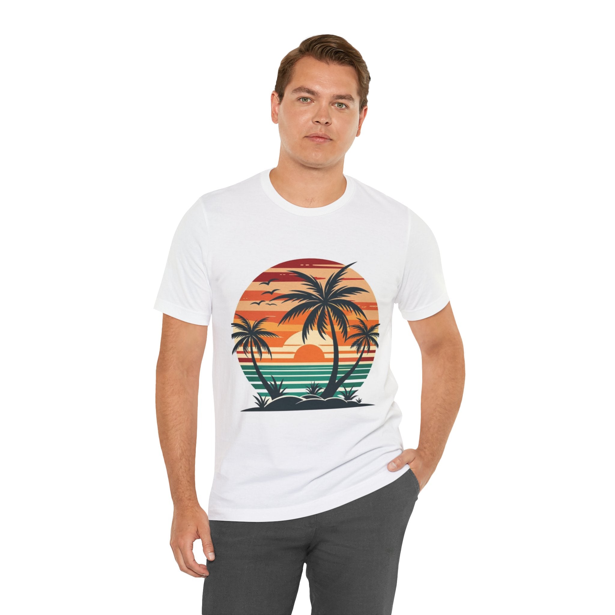 Retro Tropical Sunset T-Shirt — Palm Tree Beach Tee