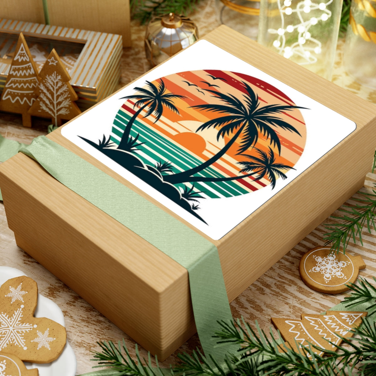 Tropical Sunset Palm Sticker — Retro Beach Kiss-Cut Decal