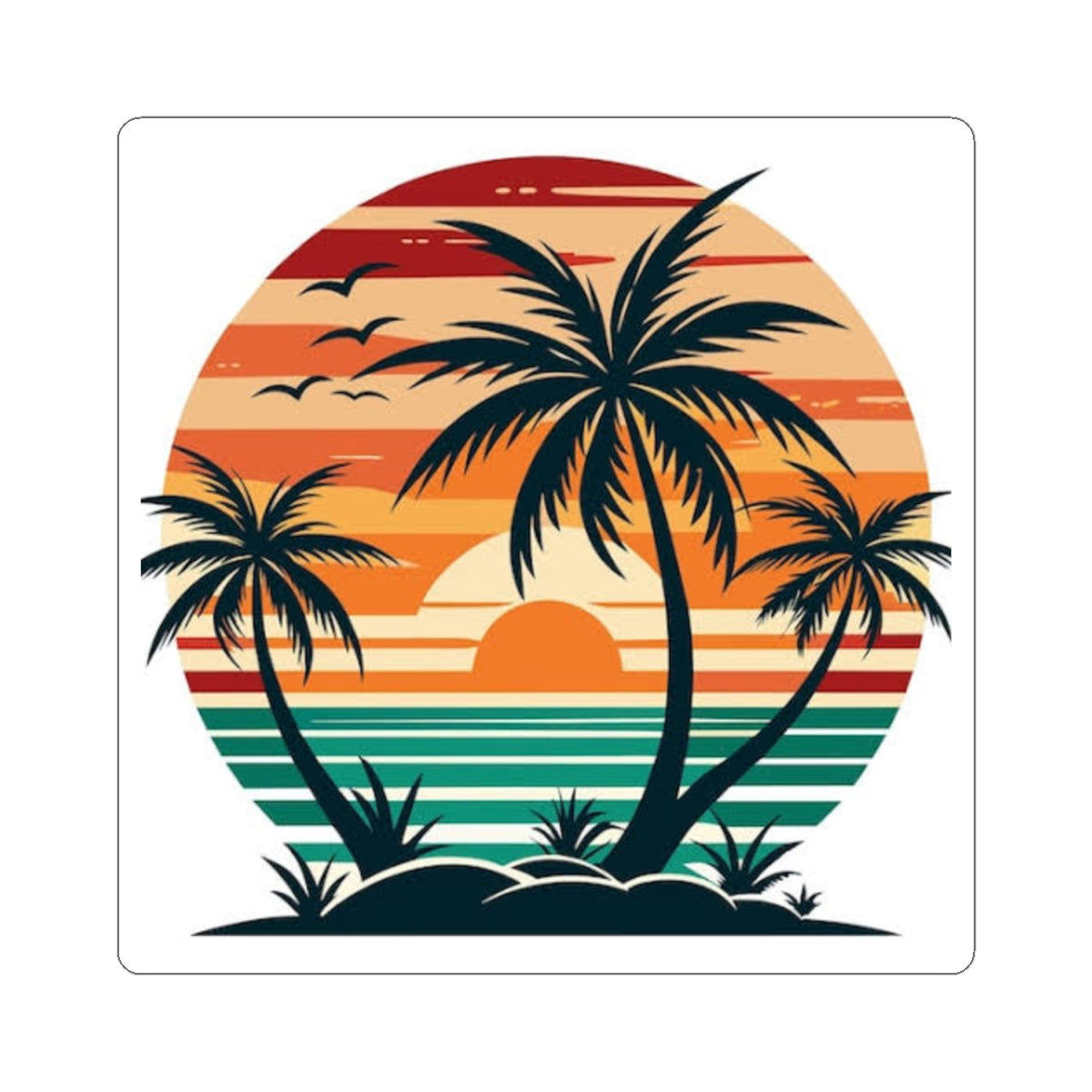 Tropical Sunset Palm Sticker — Retro Beach Kiss-Cut Decal